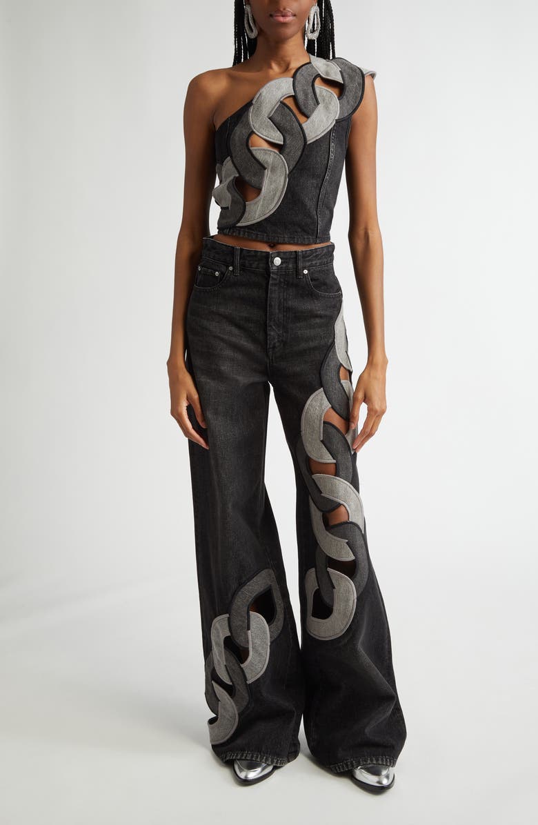 Area Chain Cutout One-Shoulder Denim Crop Top, Alternate, color, Grey Multi