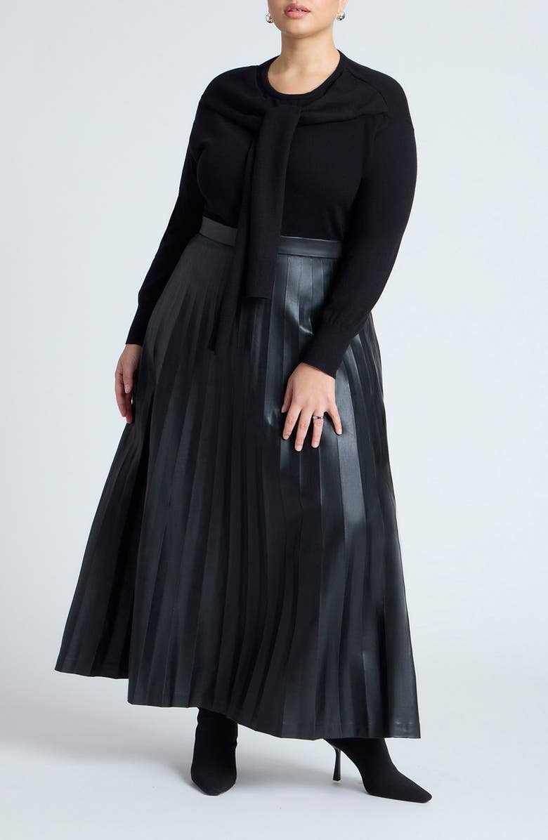 ELOQUII Pleated Faux Leather Maxi Skirt, Alternate, color, 
