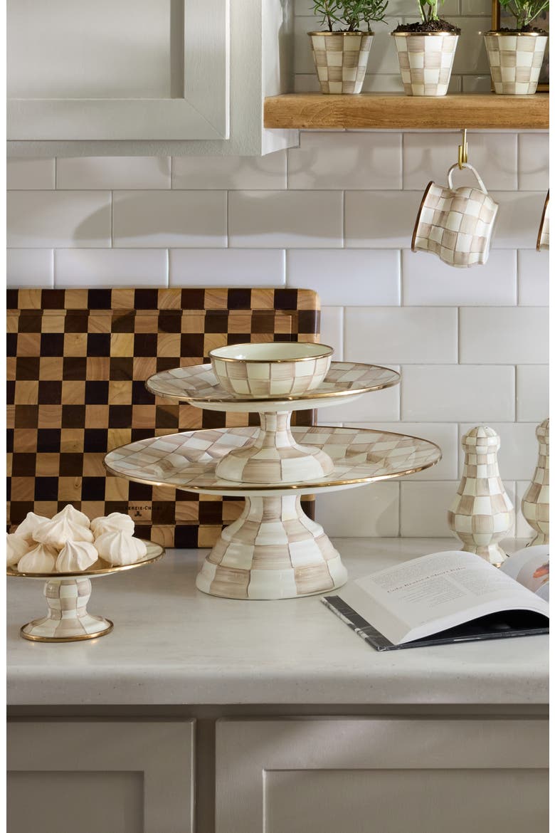 Mocha Check Small Pedestal Platter, Alternate, color, MOCHA