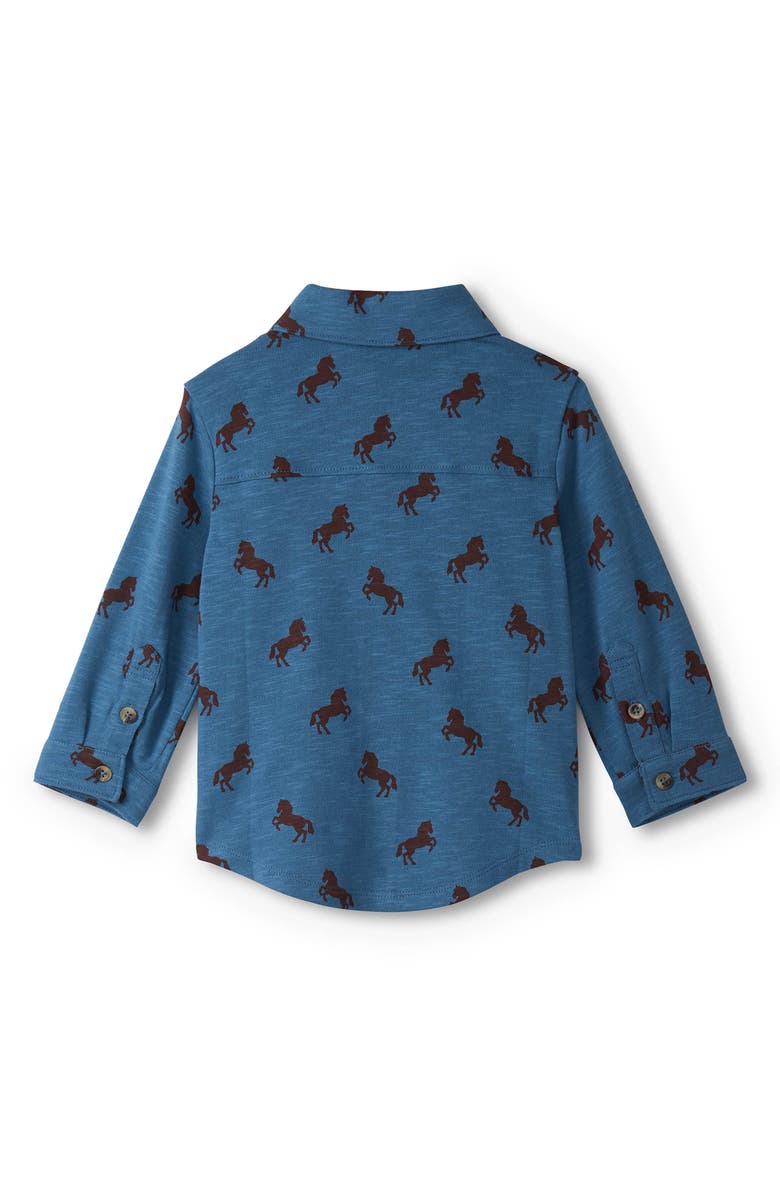 Hatley Ranch Horses Print Knit Print Button-Up Shirt, Alternate, color, Stellar