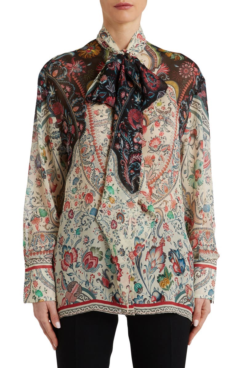 Etro Santa Barbara Paisley Floral Print Tie Neck Silk Blouse, Main, color,