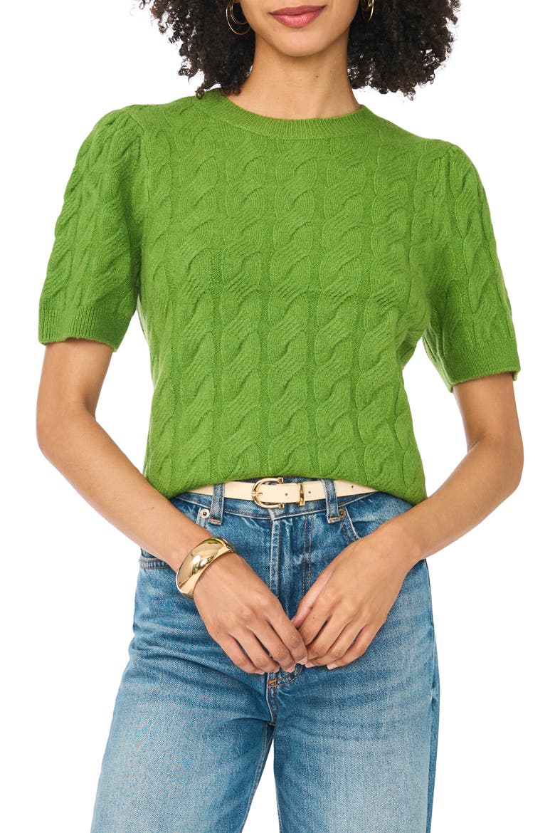 Cable Stitch Puff Sleeve Sweater, Main, color, SALTED LIME