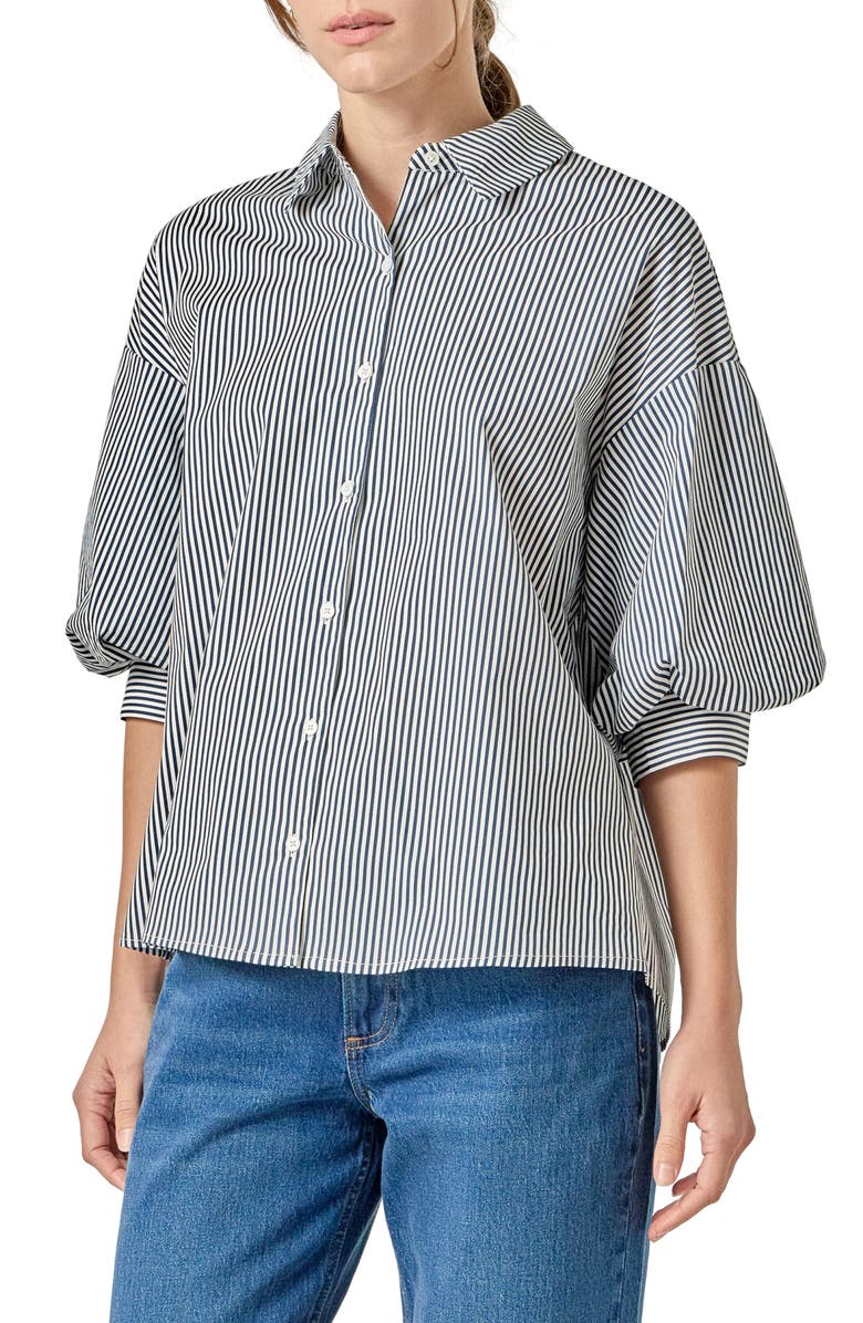 English Factory Stripe Puff Sleeve Button-Up Shirt, Alternate, color, Navy