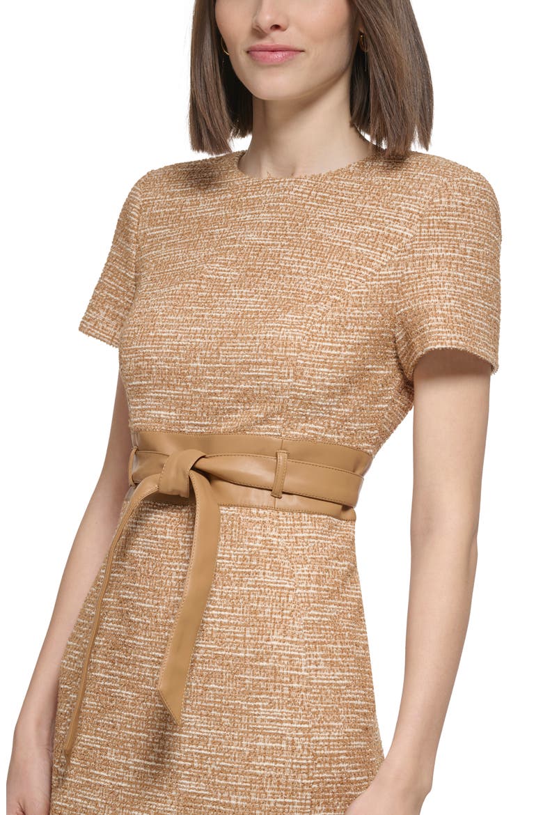SS BELTED TWEED SHEATH, Alternate, color, LUGGAGE/ CREAM