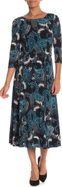 Nina Leonard Sylvia Printed Tie Waist Midi Dress
