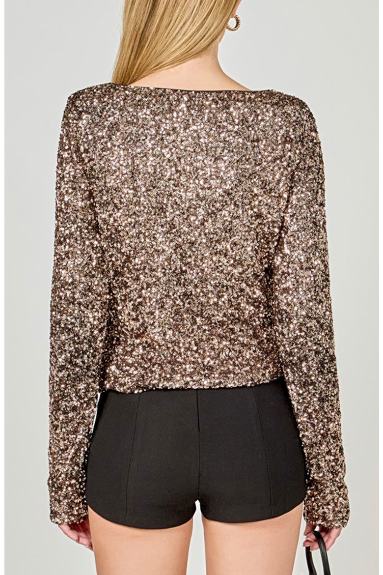 Sequined Long Sleeve Fitted Top, Alternate, color, BRONZE