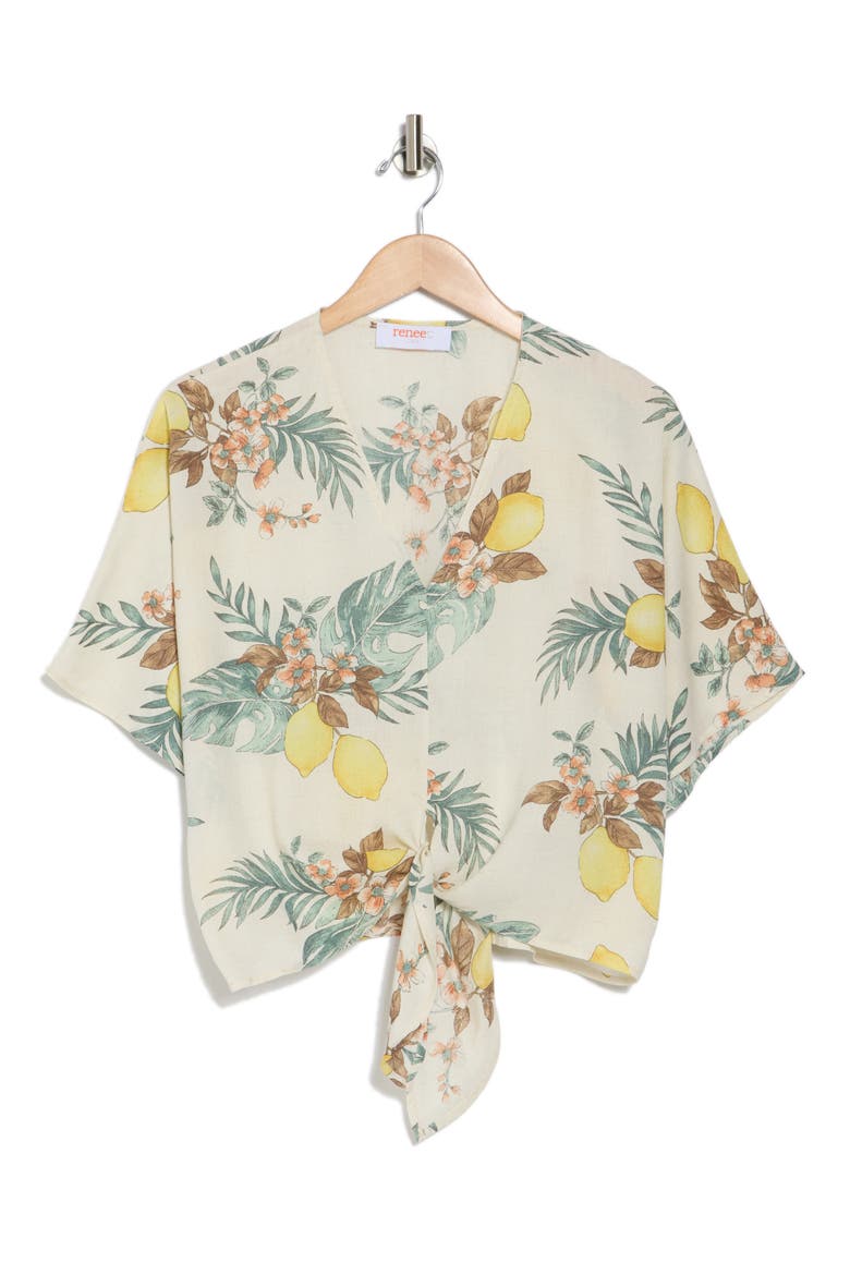 Tropical Print Short Sleeve Tie Front Top, Alternate, color, NATURAL