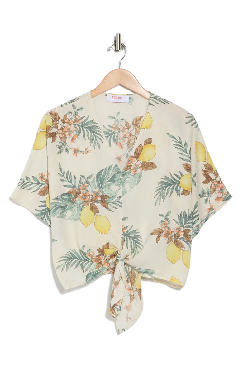 Renee C Tropical Print Short Sleeve Tie Front Top, Alternate, color, Natural