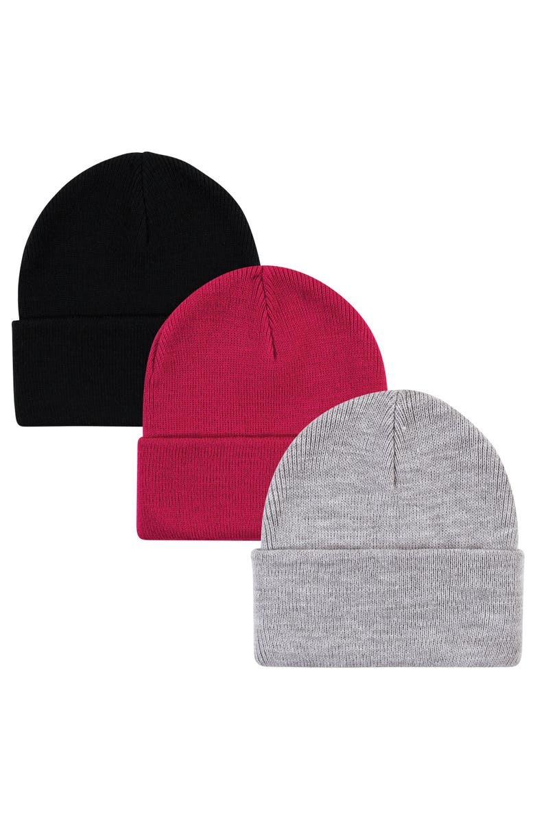 Hudson Baby 6Pc Knit Cuffed Beanie, Alternate, color, Dark Pink Cream Black