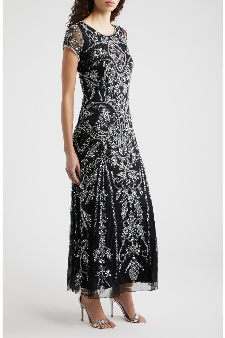 beaded mesh midi cocktail dress pisarro nights Beaded Mesh Midi Cocktail Dress in Black