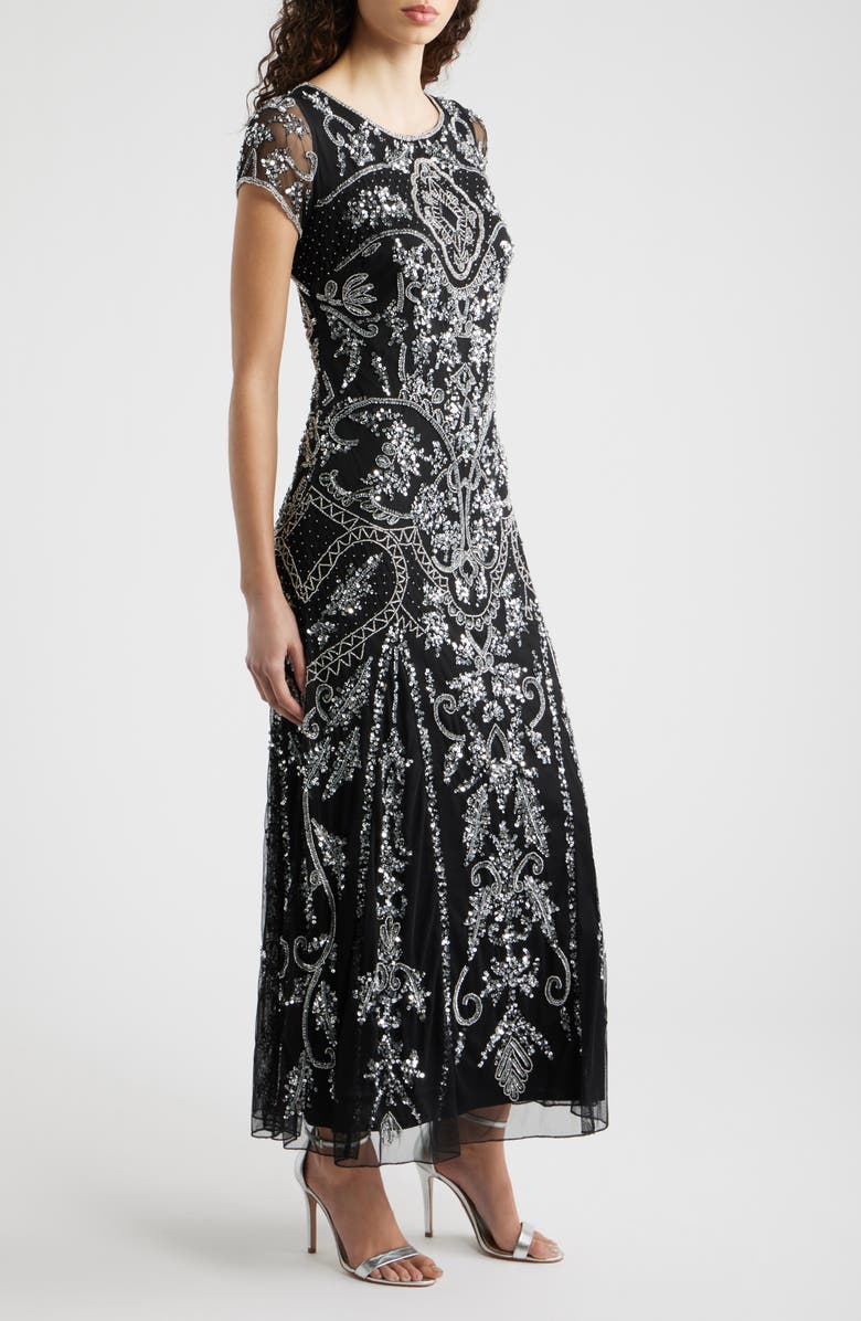 Pisarro Nights Beaded Mesh Midi Cocktail Dress, Alternate, color, Black/ Silver