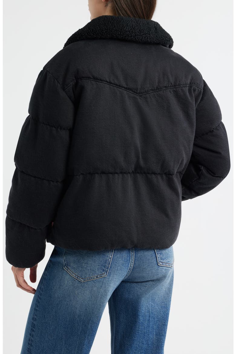 Denim × Faux Shearing Puffer Jacket Western Denim Faux Shearling Collar Puffer Jacket (Women