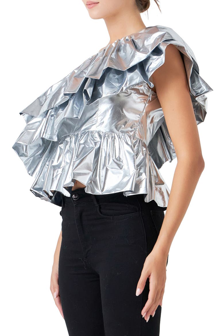 Metallic Tiered One-Shoulder Peplum Top, Alternate, color, SILVER