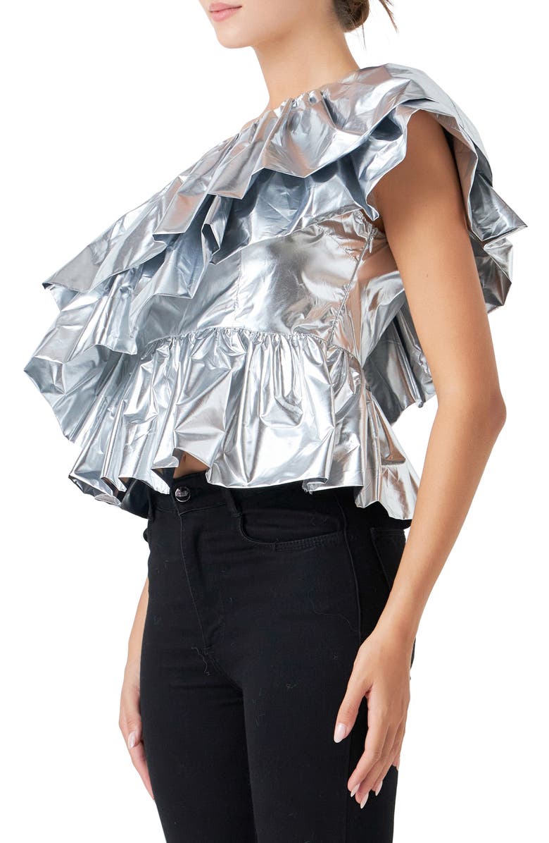 Endless Rose Metallic Tiered One-Shoulder Peplum Top, Alternate, color, Silver