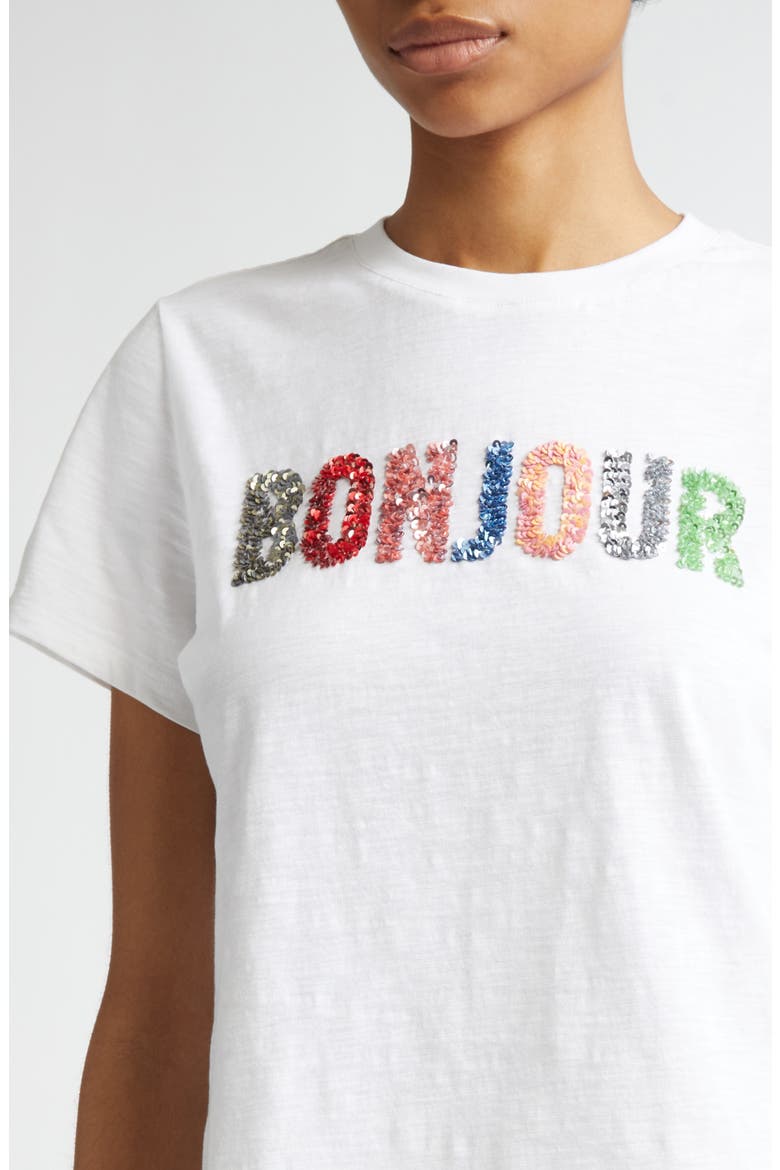 Bonjour Sequin Appliqué Cotton T-Shirt, Alternate, color, WHITE/ MULTI