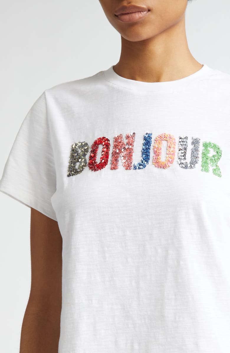 Cinq à Sept Bonjour Sequin Appliqué Cotton T-Shirt, Alternate, color, White/ Multi