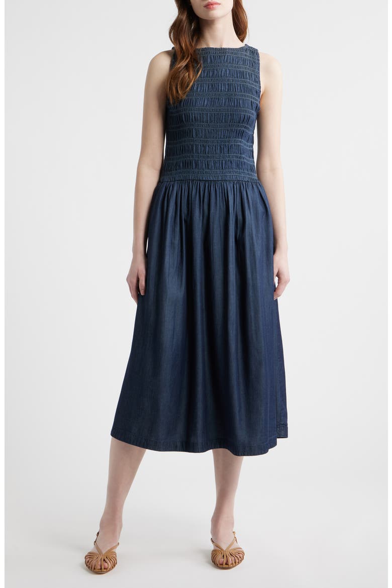 Denim Smocked Boat Neck Maxi Dress, Main, color, CARRIGAN WASH