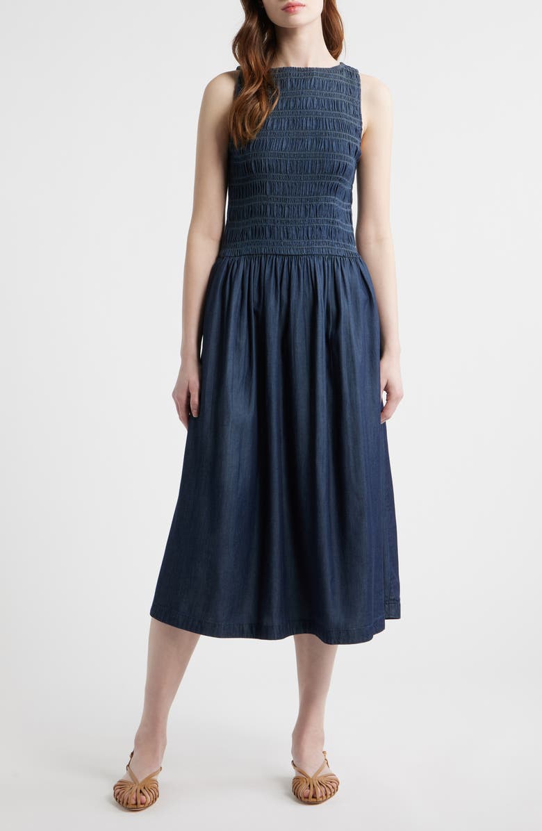 Madewell Denim Smocked Boat Neck Maxi Dress, Main, color, Carrigan Wash