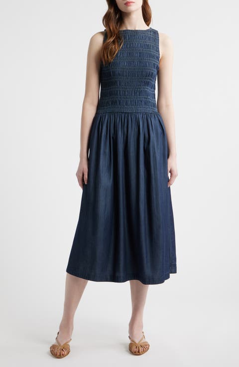 Denim Smocked Boat Neck Maxi Dress