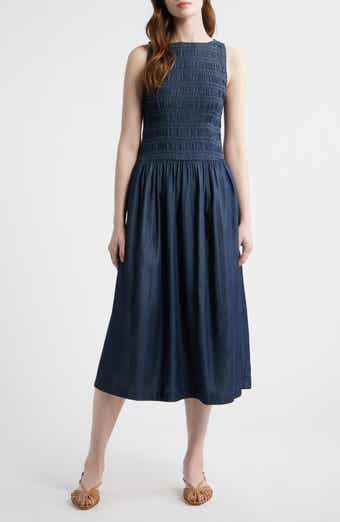 Denim Smocked Boat Neck Maxi Dress