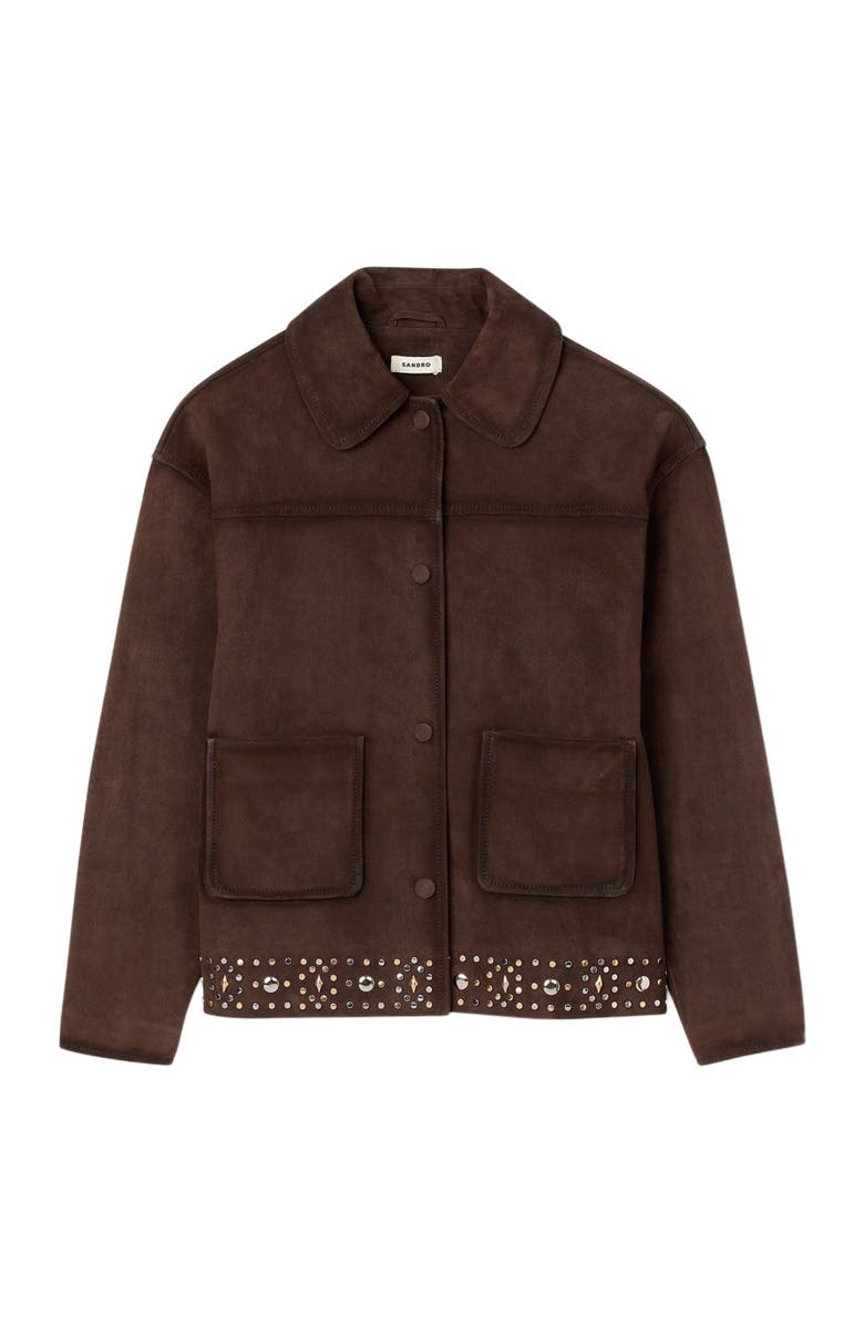 SANDRO Studded suede leather jacket, Alternate, color, Brown