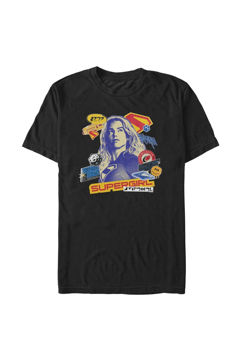 Men's Supergirl Pop Art Stickers and Badges  Graphic T-Shirt, Main, color, Black