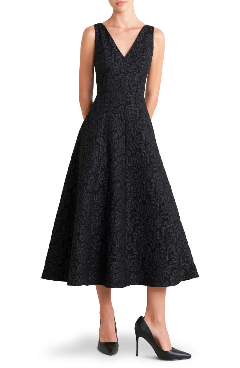 FREEMARKET Floral Jacquard Midi Cocktail Dress, Main, color, Black