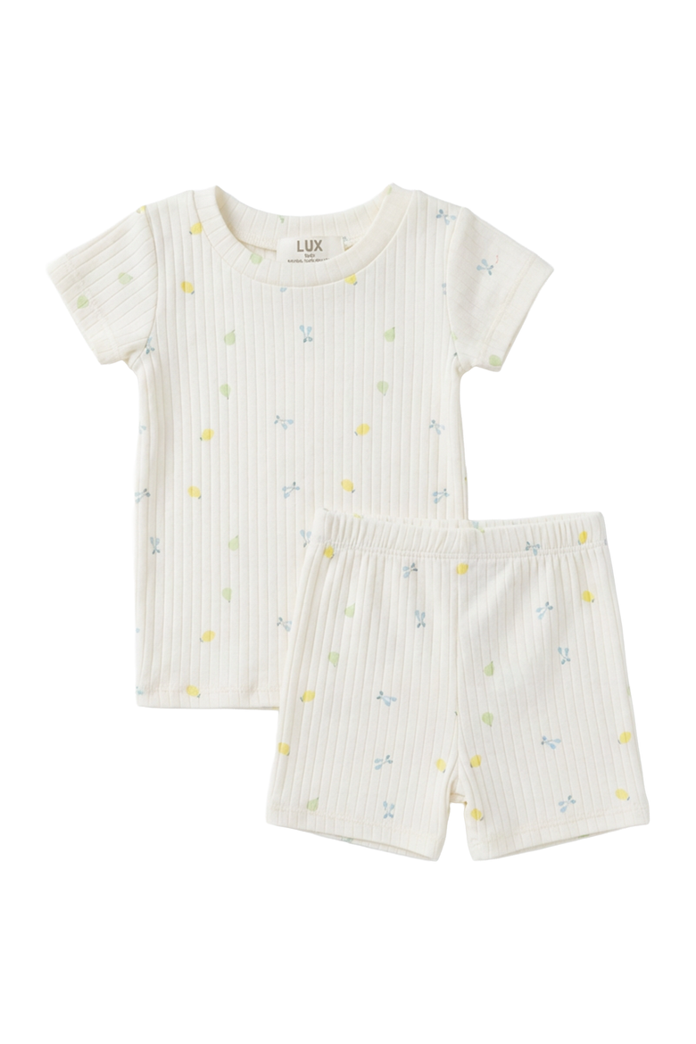 Fruit Pointelle Short Sleeve Top and Elastic Waist Shorts Two Piece Set, Main, color, Off White/Blue