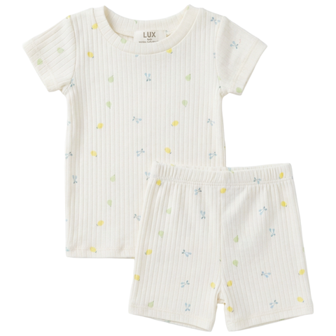 Fruit Pointelle Short Sleeve Top and Elastic Waist Shorts Two Piece Set