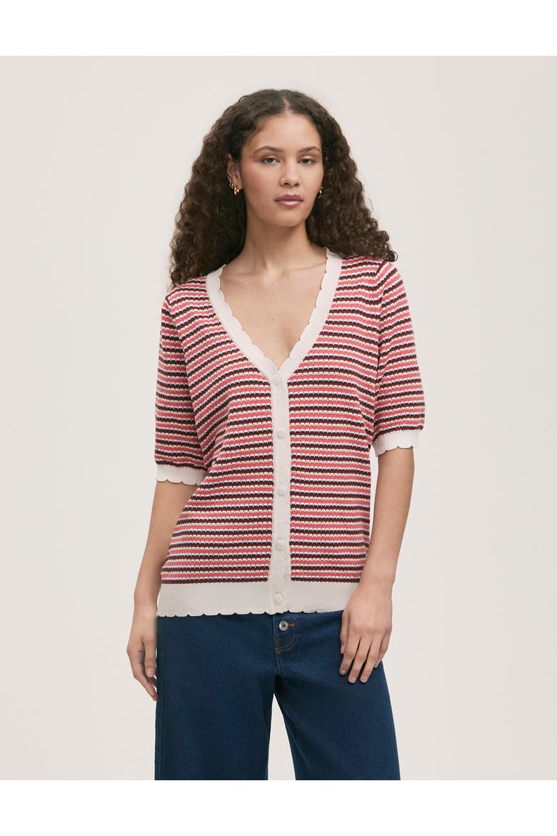 Willa Short Sleeve Striped Cardigan, Main, color, Pink Stripe