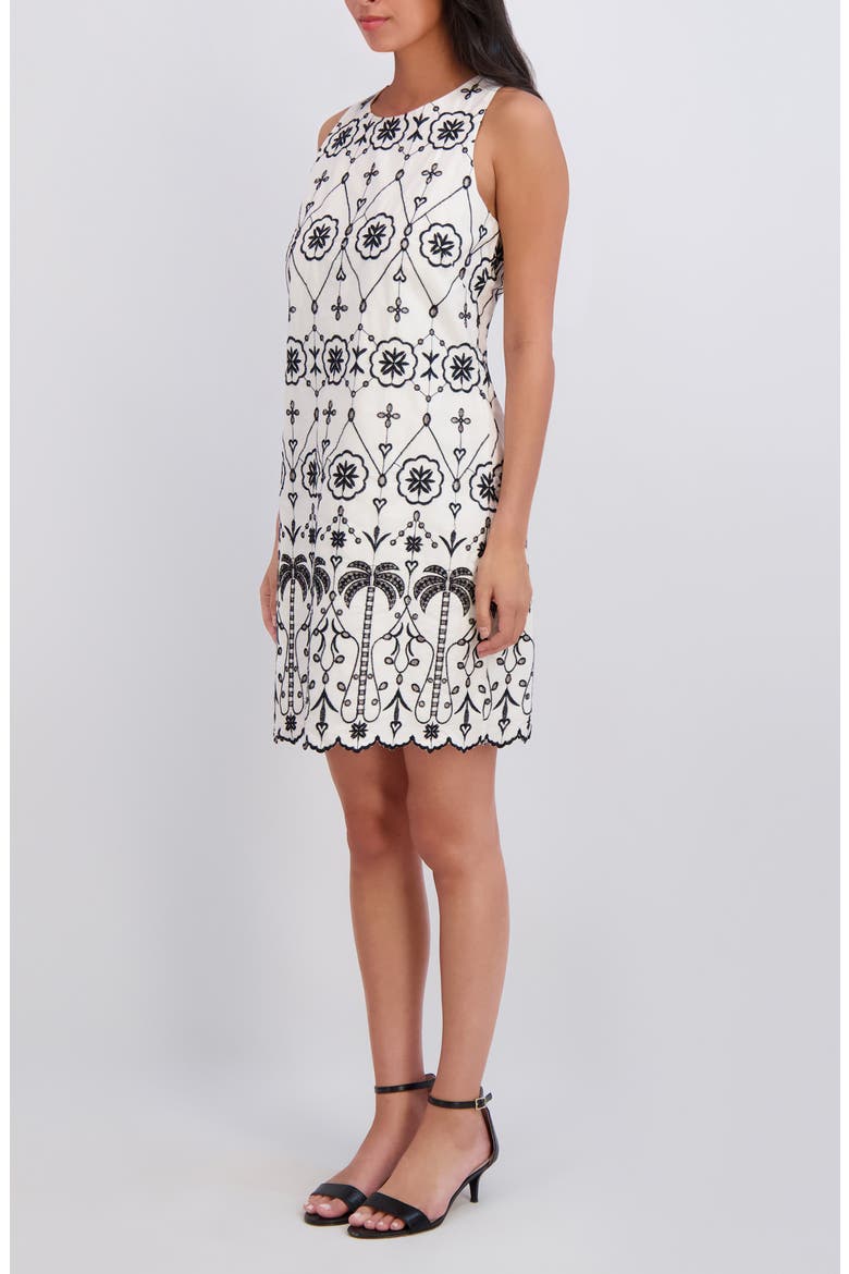 Embroidered Eyelet Sleeveless Cotton Shift Dress, Alternate, color, WHITE BLACK