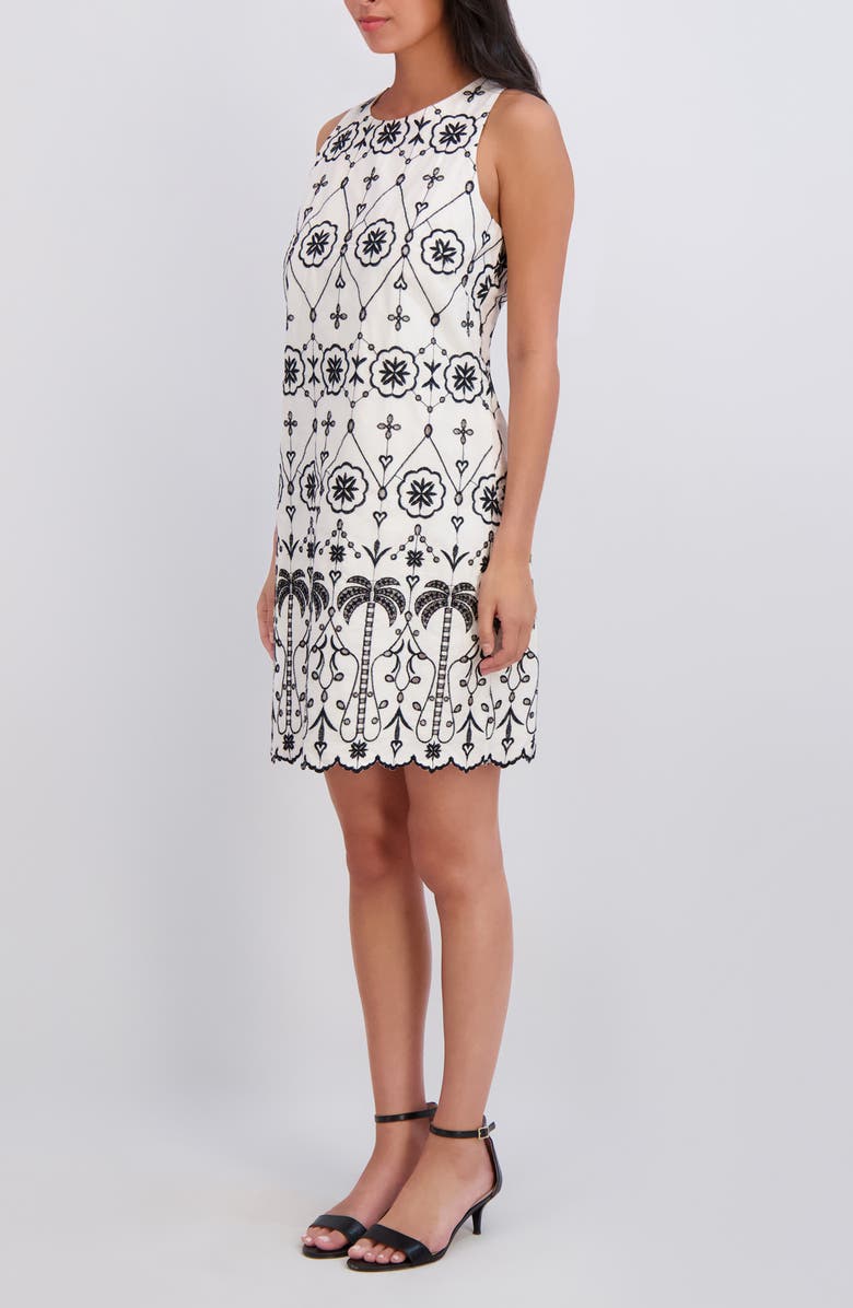 London Times Embroidered Eyelet Sleeveless Cotton Shift Dress, Alternate, color, White Black