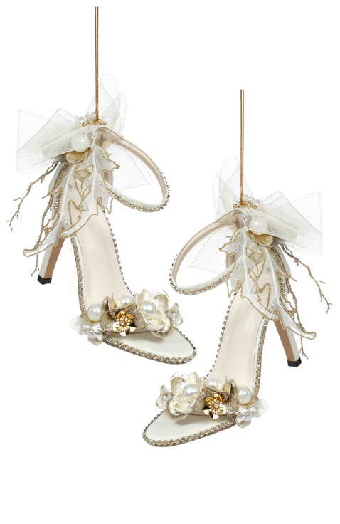 Ivory Shoe with Diamond Strap Ornament, Set of 2