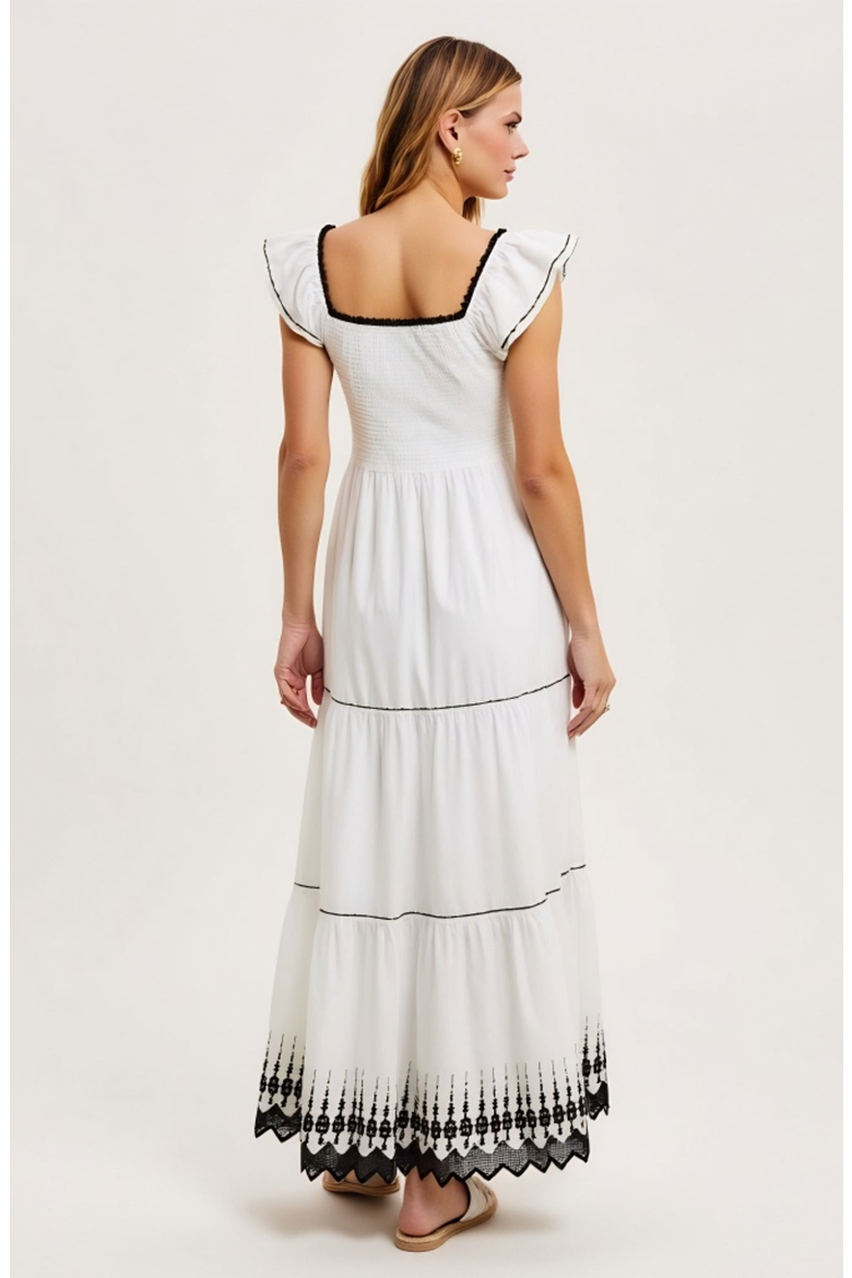 Smocked Bodice Tiered Flutter Sleeve Embroidered Hem Maxi Dress, Alternate, color, White / Black Trim