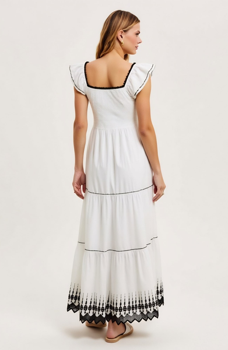 Modenaire Smocked Bodice Tiered Flutter Sleeve Embroidered Hem Maxi Dress, Alternate, color, White / Black Trim
