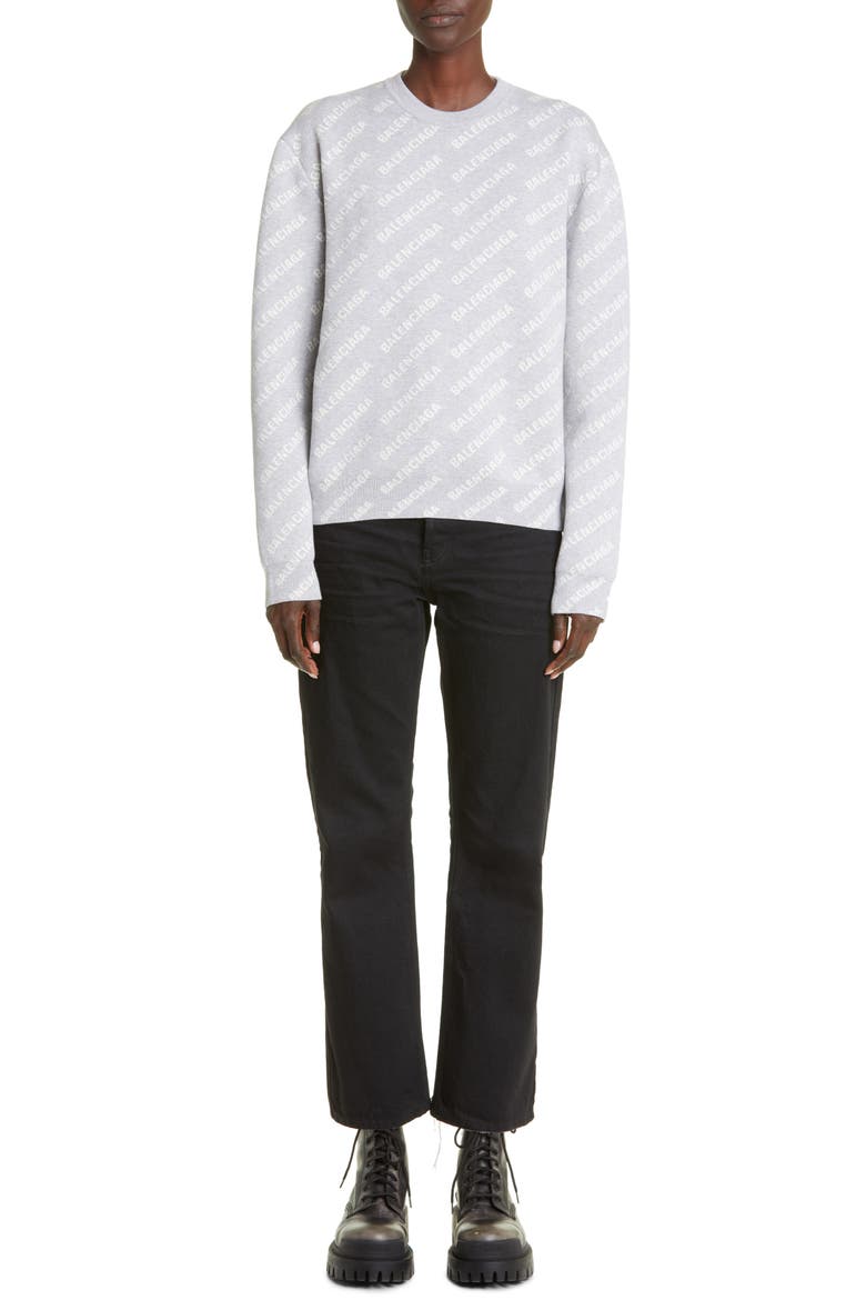 Women's Logo Jacquard Crop Crewneck Cotton & Wool Blend Sweater, Alternate, color, GREY/ BLACK