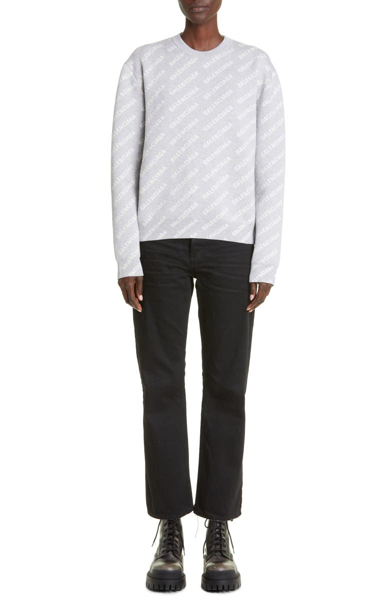 Balenciaga Women's Logo Jacquard Crop Crewneck Cotton & Wool Blend Sweater, Alternate, color, 