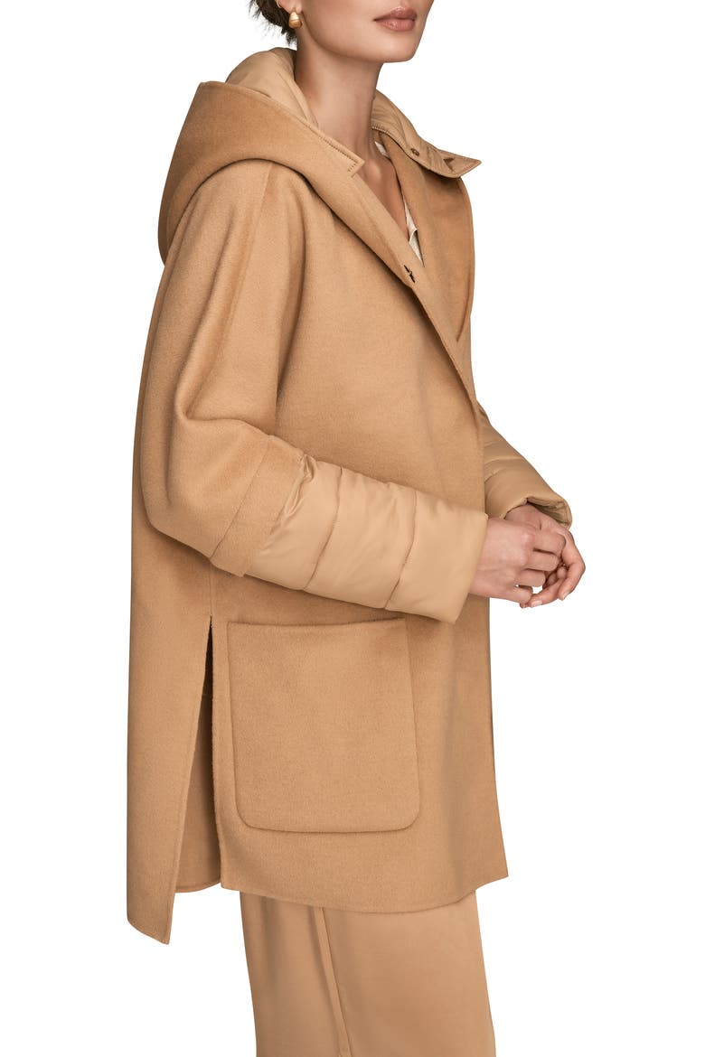 Mixed Media Puffer Sleeve Wool Blend Coat, Alternate, color, FAWN