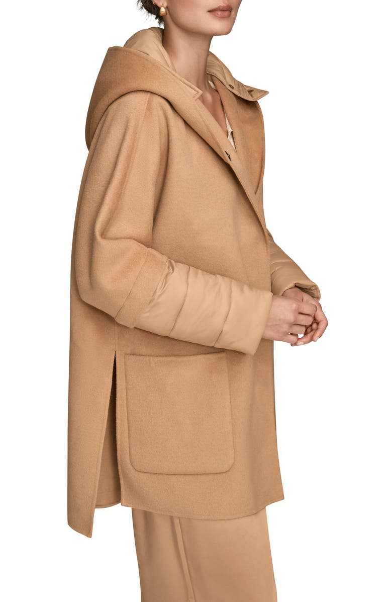 Donna Karan New York Mixed Media Puffer Sleeve Wool Blend Coat, Alternate, color, Fawn