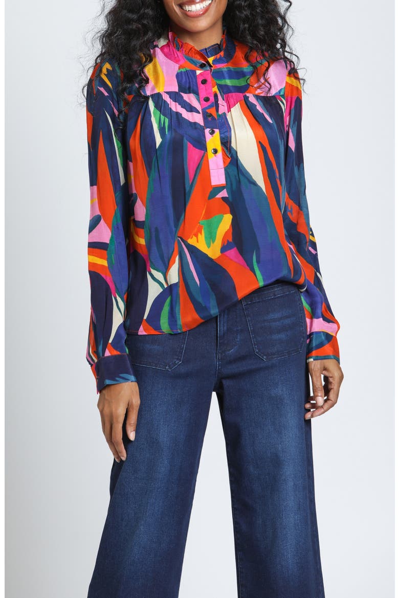 Print Ruffle Placket Top, Main, color, INDIGO SAPPHIRE/BLOOM
