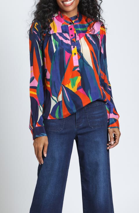 Print Ruffle Placket Top
