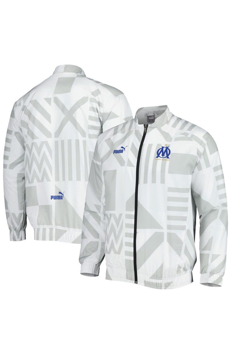 PUMA Men's Puma White Olympique Marseille Pre-Match Raglan Full-Zip Training Jacket, Main, color, White