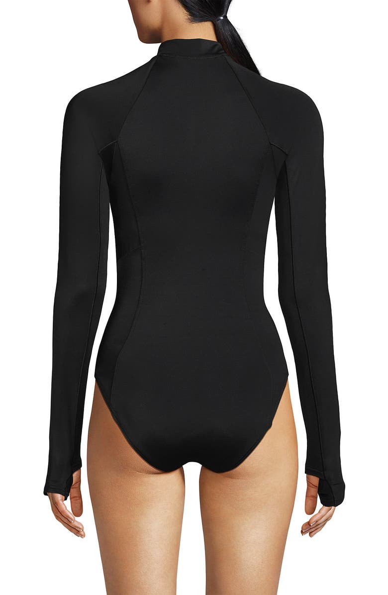 Lands' End Chlorine Resistant Zip Front Long Sleeve Tugless Sporty One Piece Swimsuit, Alternate, color, Black