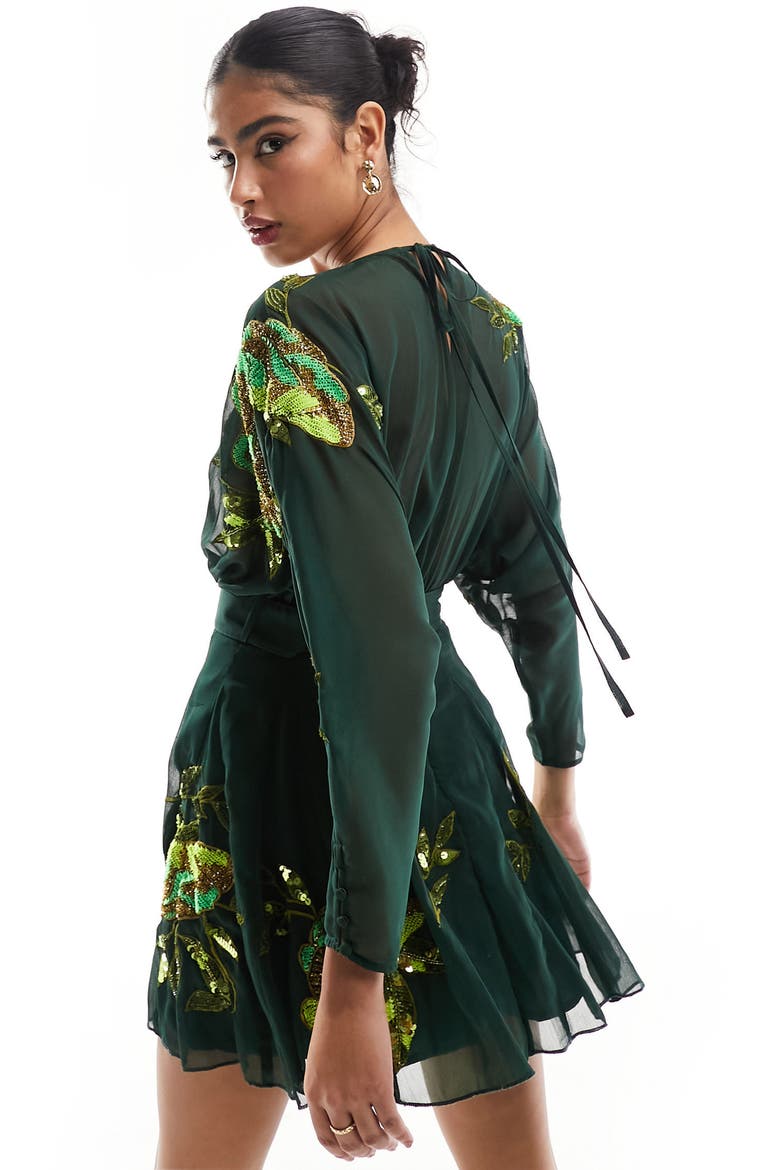 Sequin Embroidered Semisheer Long Sleeve Minidress, Alternate, color, GREEN