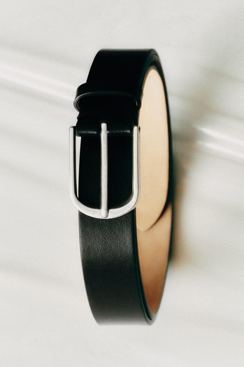 Rounded-Buckle Leather Belt, Alternate, color, BLACK
