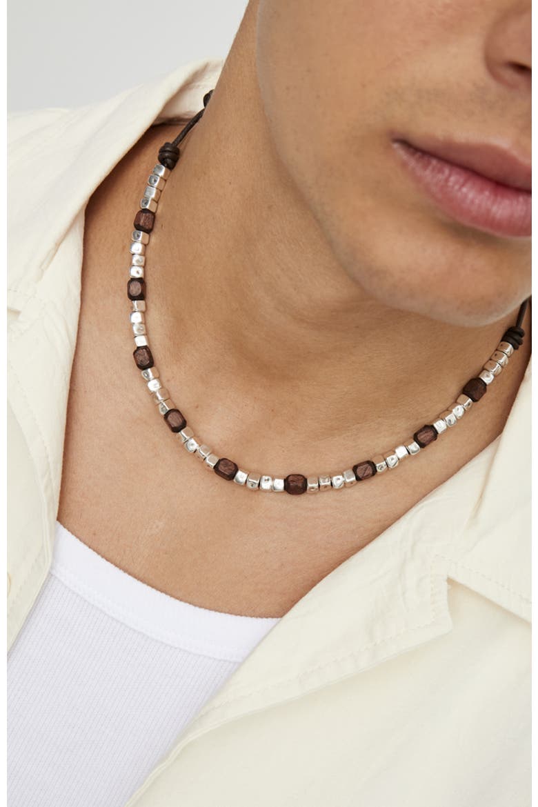 Leather Necklace with Silver and Wood Beads, Alternate, color, Silver