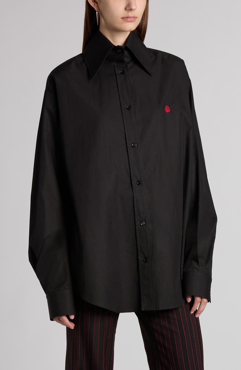 McQueen Skull Embroidered Cotton Poplin Button-Up Shirt, Main, color, Black