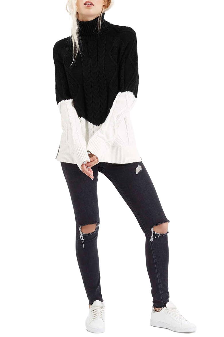 Colorblock Cable Knit Sweater, Alternate, color, GREY