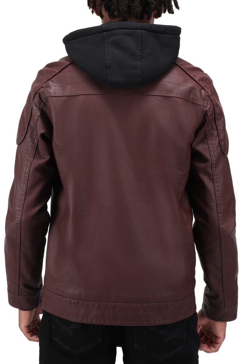 Faux Leather Hooded Moto Jacket with Faux Fur Lining, Alternate, color, BURGUNDY