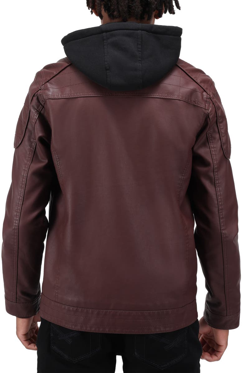 XRAY Faux Leather Hooded Moto Jacket with Faux Fur Lining, Alternate, color, Burgundy
